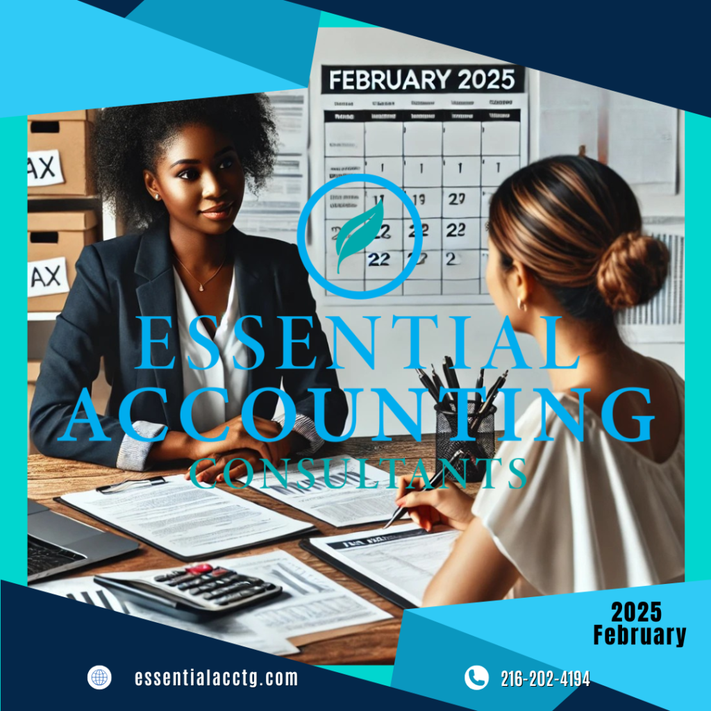 A professional Black woman accountant reviewing tax documents with a Black woman small business owner, with a calendar displaying February 2025 tax deadlines and a whiteboard filled with tax strategy notes in a modern office setting.