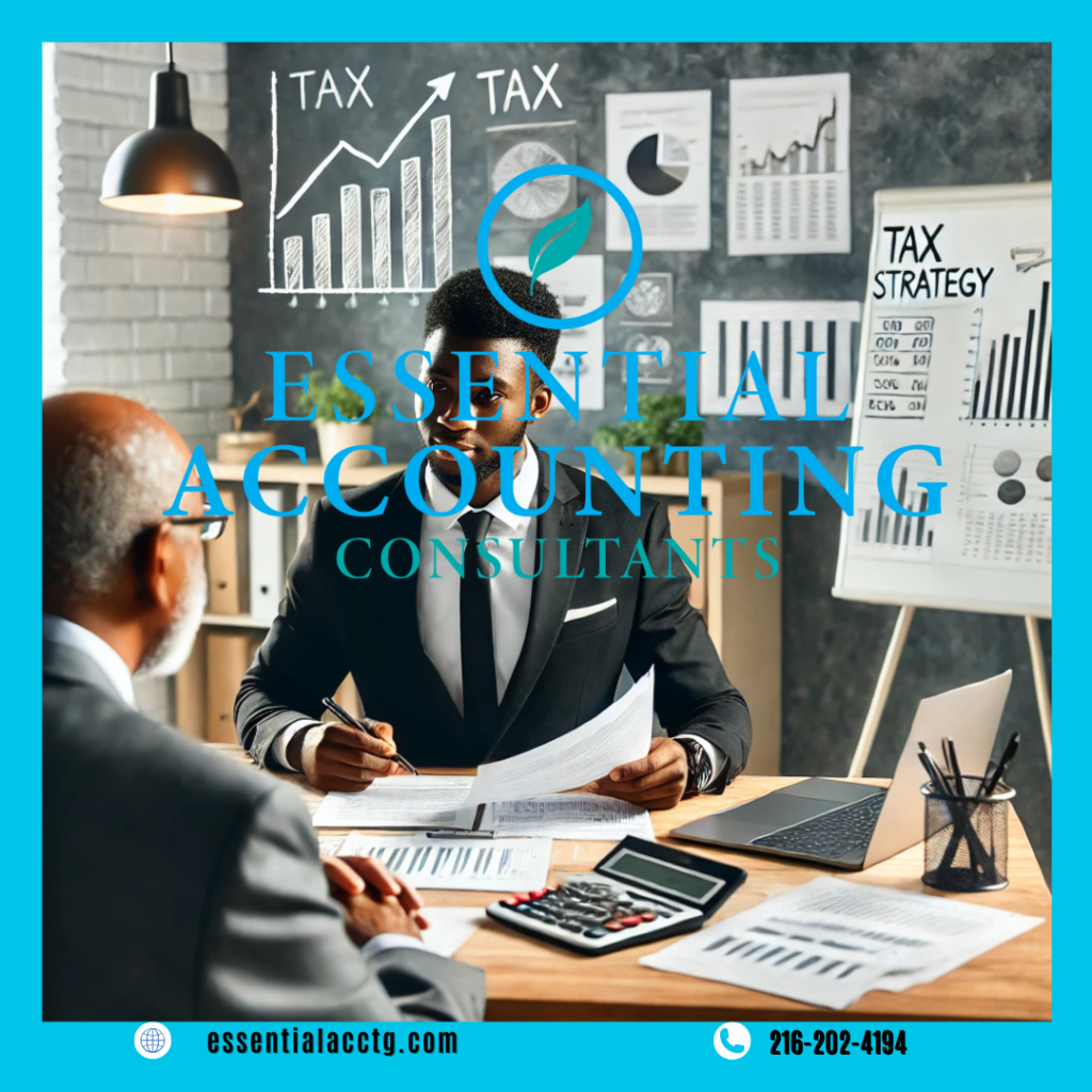 A professional Black accountant reviewing tax documents with a Black small business owner in a modern office, surrounded by financial reports, charts, and a whiteboard with tax strategy notes.